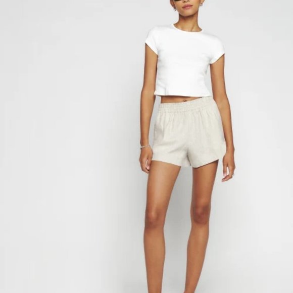 NWOT Reformation Mila Linen Short in Oatmeal Pockets Elastic Waistband - Picture 5 of 6